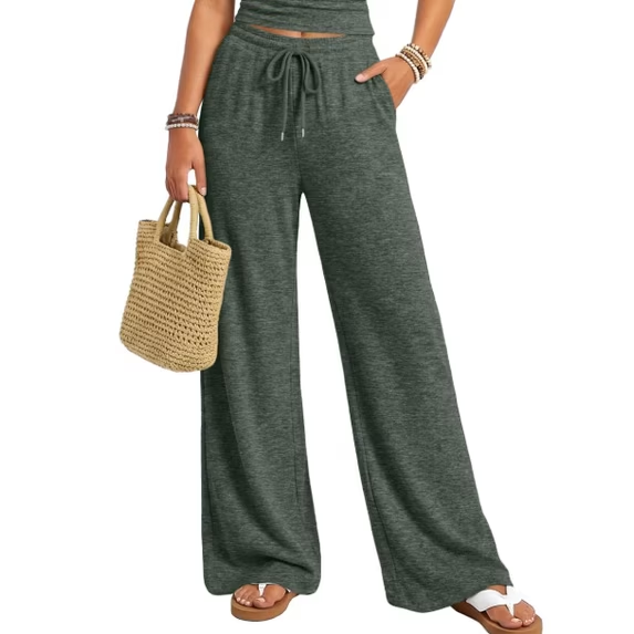 Fantaslook Womens Wide Leg Pants High Waist Drawstring Casual Lounge Pant Soft Stretchy Flowy Palazzo Pants with Pockets for Daily Work Travel
