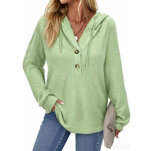 Fantaslook Hoodies for Women Waffle Knit Sweatshirts Drawstring Long Sleeve Tops Button V Neck Pullover