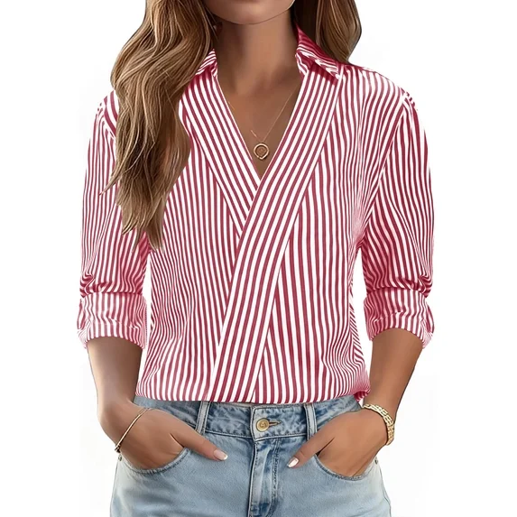 Fantaslook 3/4 Sleeve Womens Tops V Neck Collared Shirts Dressy Casual Business Work Blouses Trendy Fashion Tops