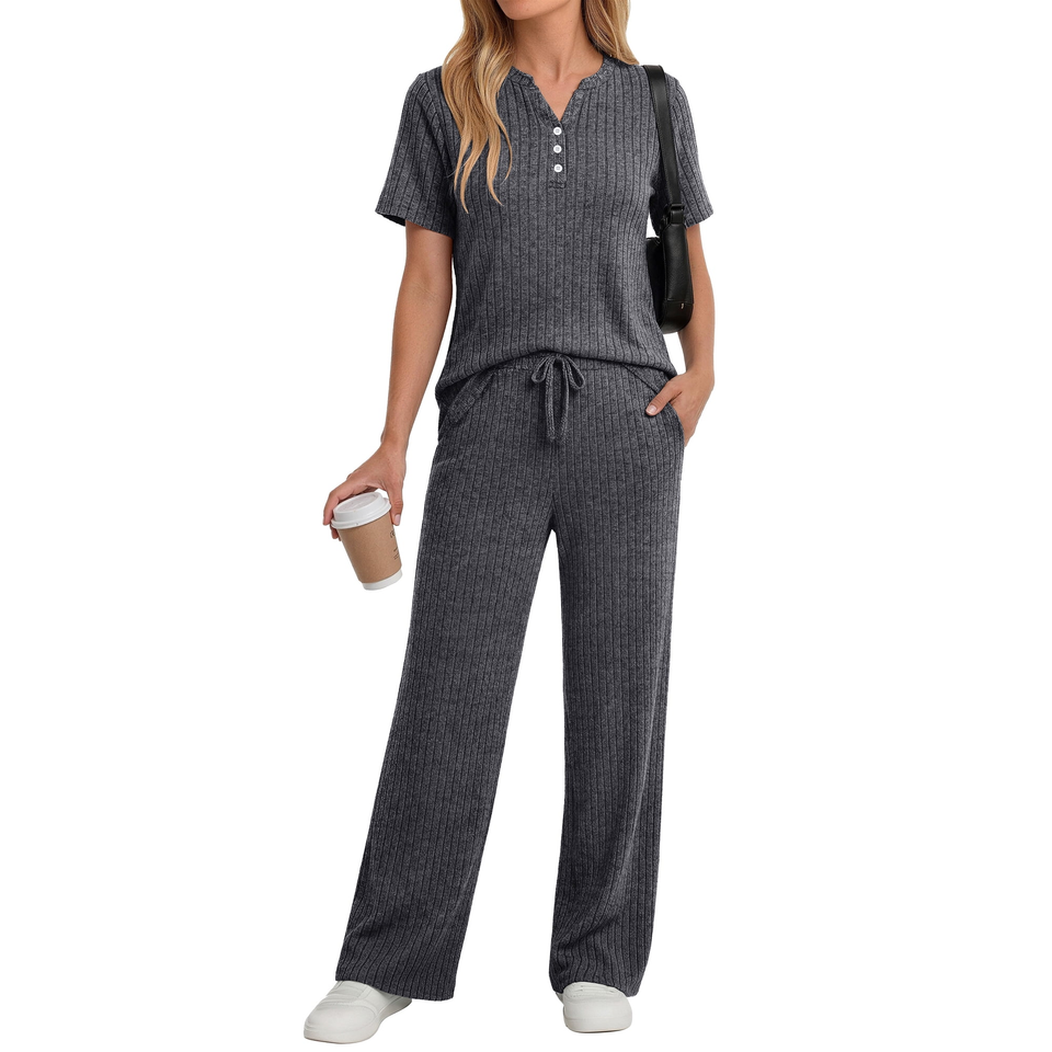 Fantaslook Two Piece Lounge Sets for Women Summer Outfits Henley V Neck Short Sleeve Tops Wide Leg Pants Matching Sets Trendy Clothes