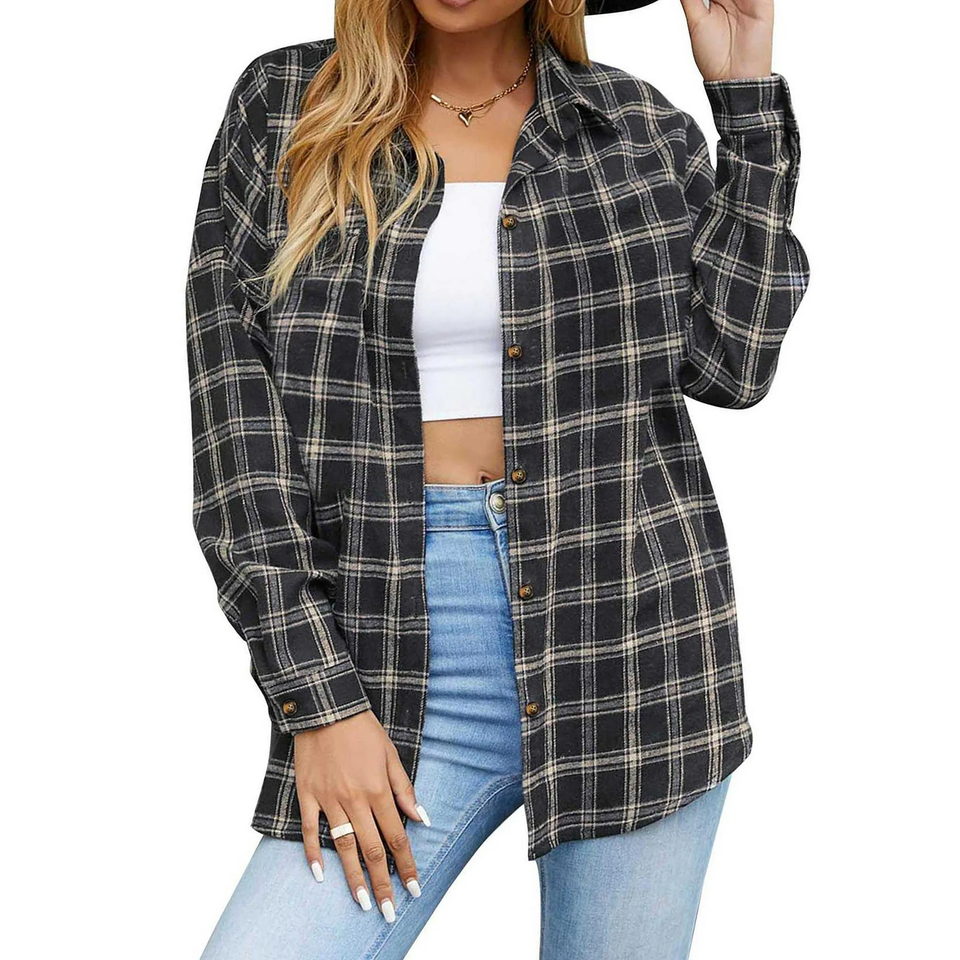 Fantaslook Plaid Flannel Shirts for Women Oversized Long Sleeve Button Down Shirts Blouses Tops