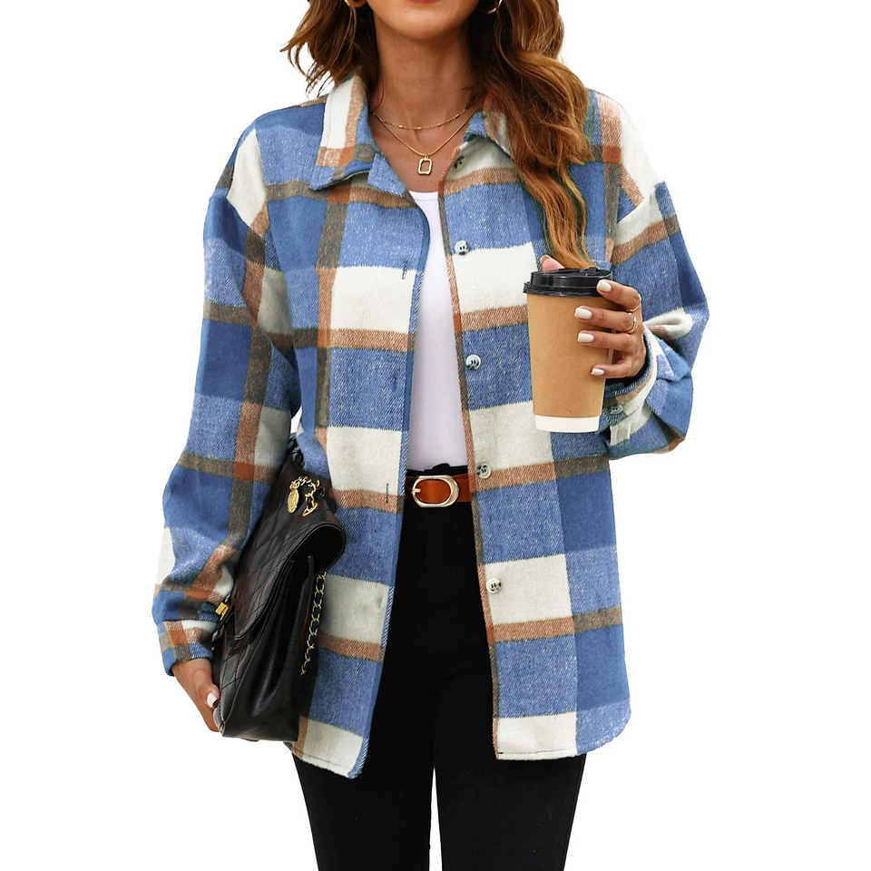 Fantaslook Womens Plaid Shirts Flannel Shacket Jacket Long Sleeve Button Down Shirts Blouses Tops