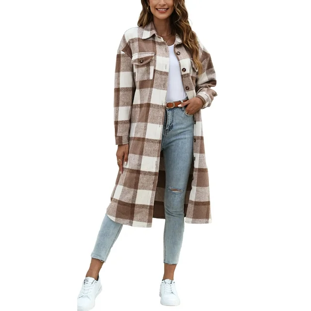Fantaslook Flannel Shirts for Women Button Up Plaid Shirt Long Pocketed Shacket Jacket Coat