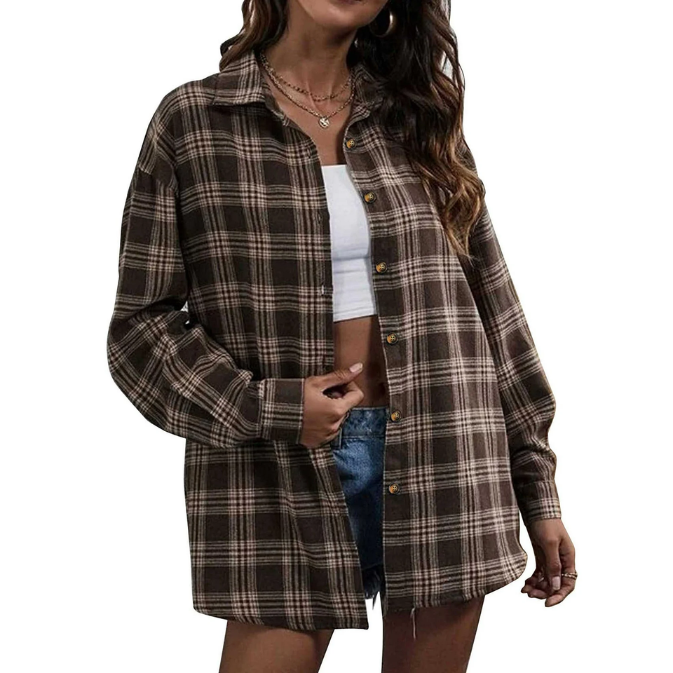 Fantaslook Plaid Flannel Shirts for Women Oversized Long Sleeve Button Down Shirts Blouses Tops