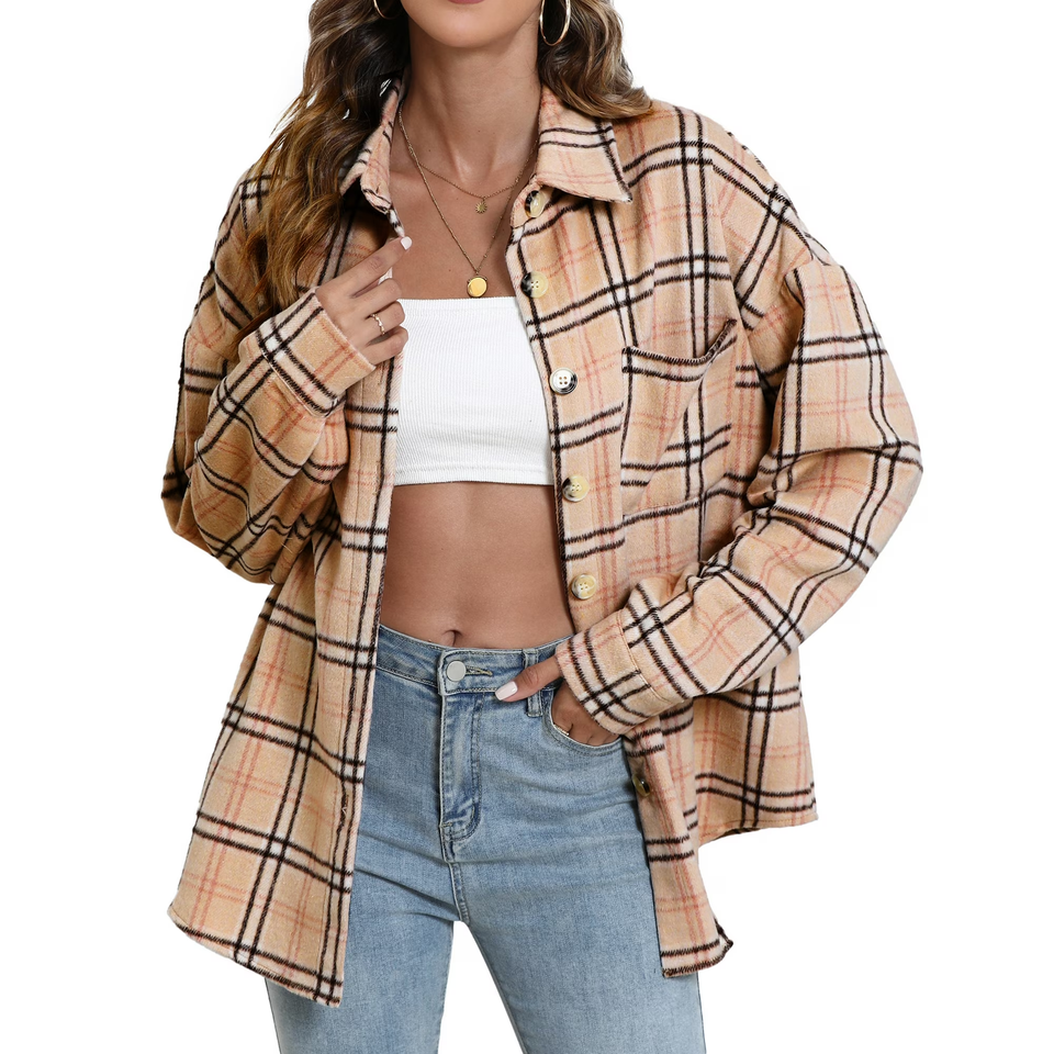 Fantaslook Womens Plaid Shirts Flannel Shacket Jacket Long Sleeve Button Down Shirts Blouses Tops