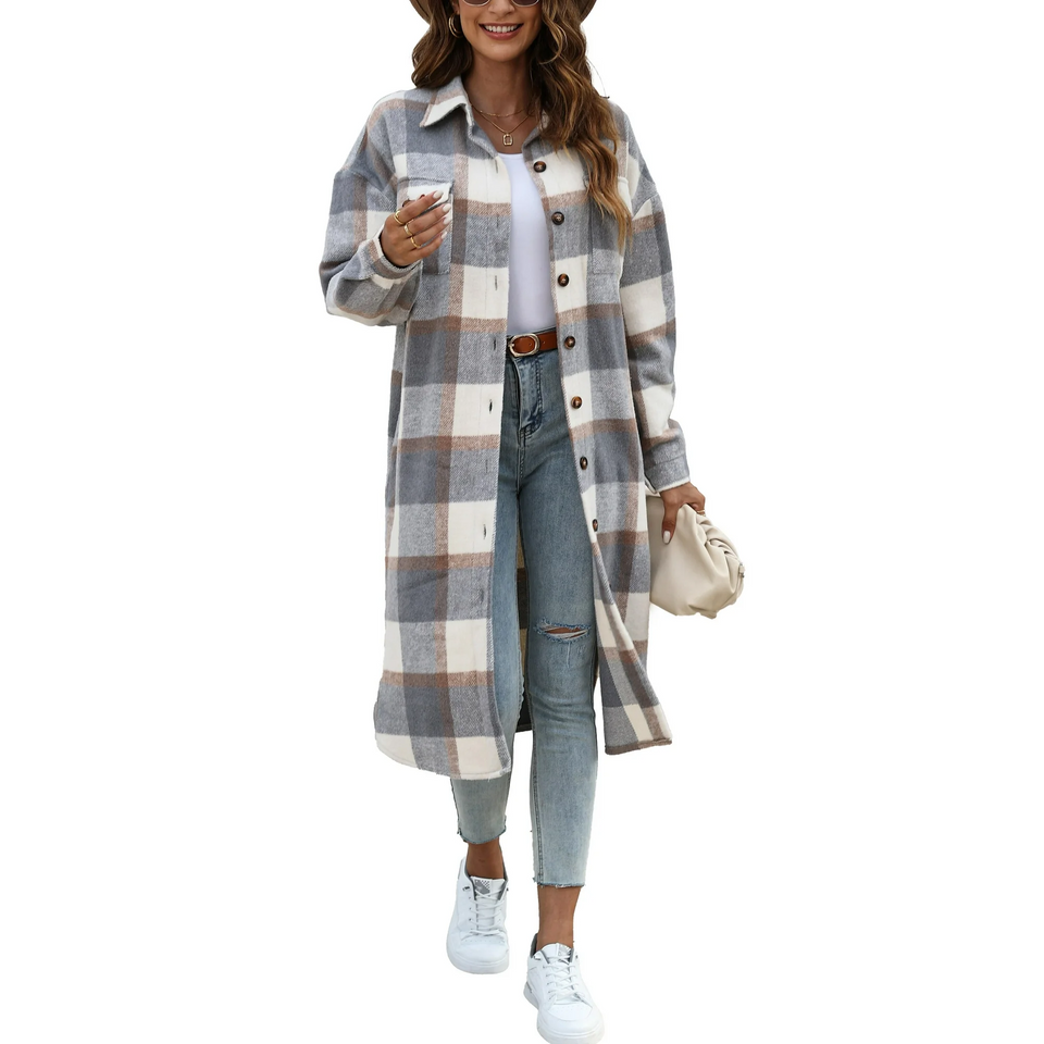 Fantaslook Flannel Shirts for Women Button Up Plaid Shirt Long Pocketed Shacket Jacket Coat