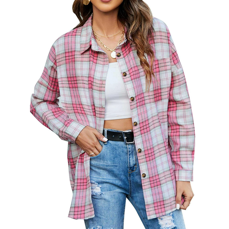 Fantaslook Plaid Flannel Shirts for Women Oversized Long Sleeve Button Down Shirts Blouses Tops