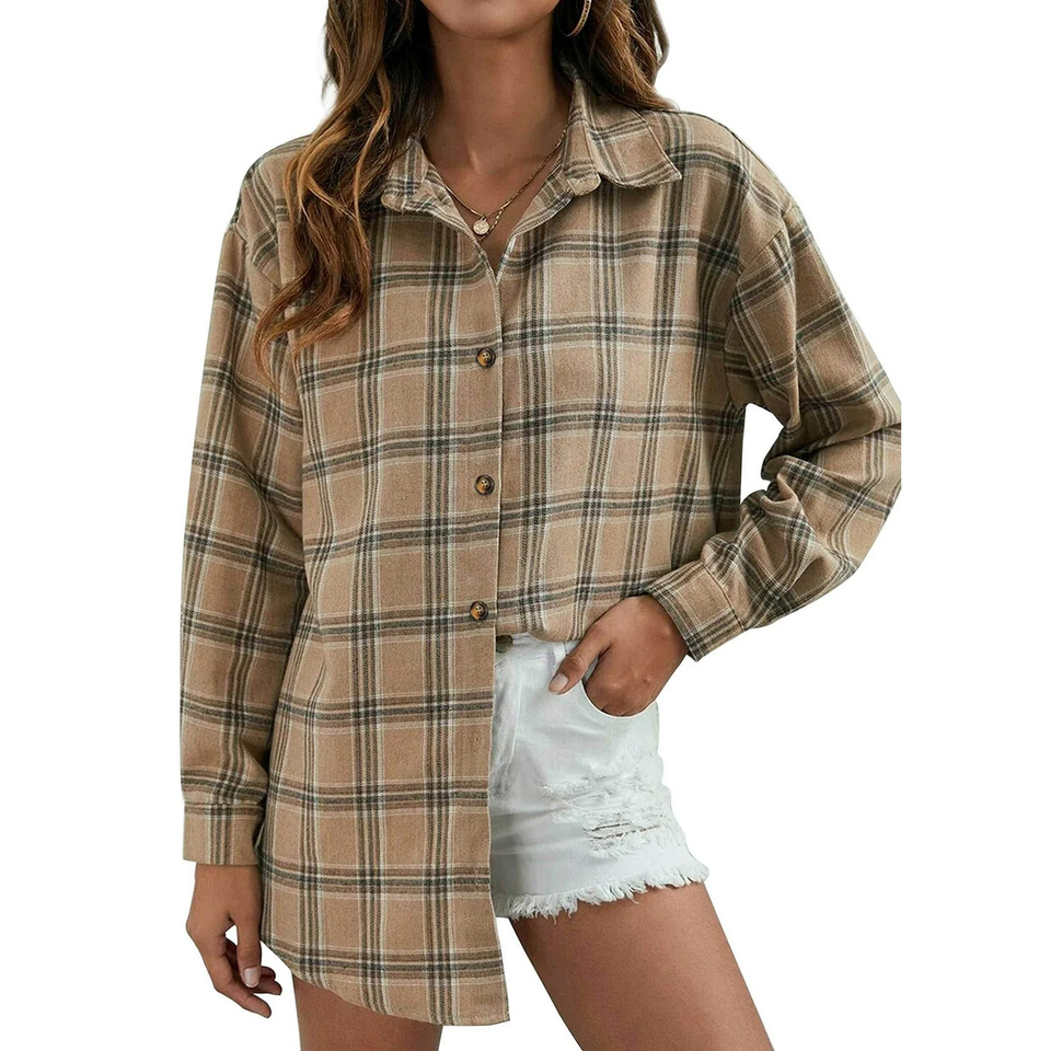 Fantaslook Plaid Flannel Shirts for Women Oversized Long Sleeve Button Down Shirts Blouses Tops