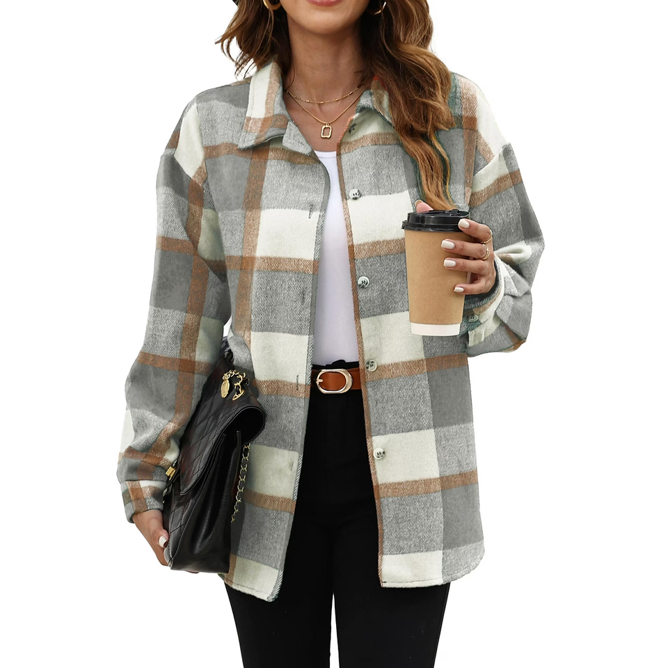 Fantaslook Womens Plaid Shirts Flannel Shacket Jacket Long Sleeve Button Down Shirts Blouses Tops