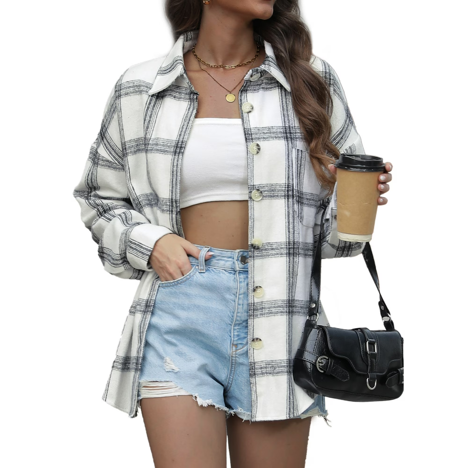 Fantaslook Womens Plaid Shirts Flannel Shacket Jacket Long Sleeve Button Down Shirts Blouses Tops