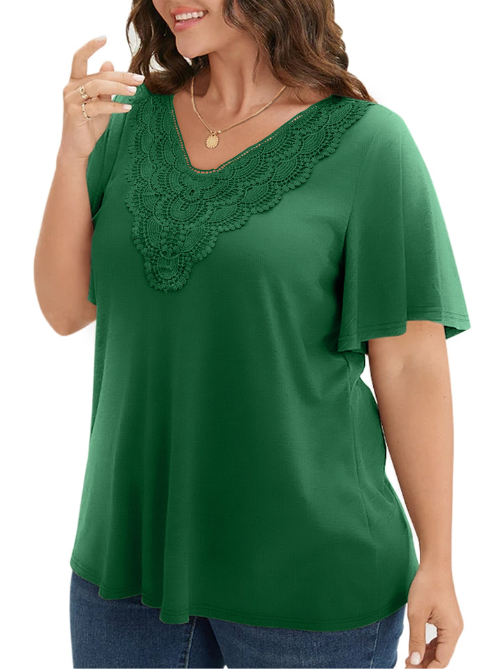 WellSize Women Plus Size Tops Dressy Lace V Neck Shirts Casaul Short Sleeve Tunic Blouses