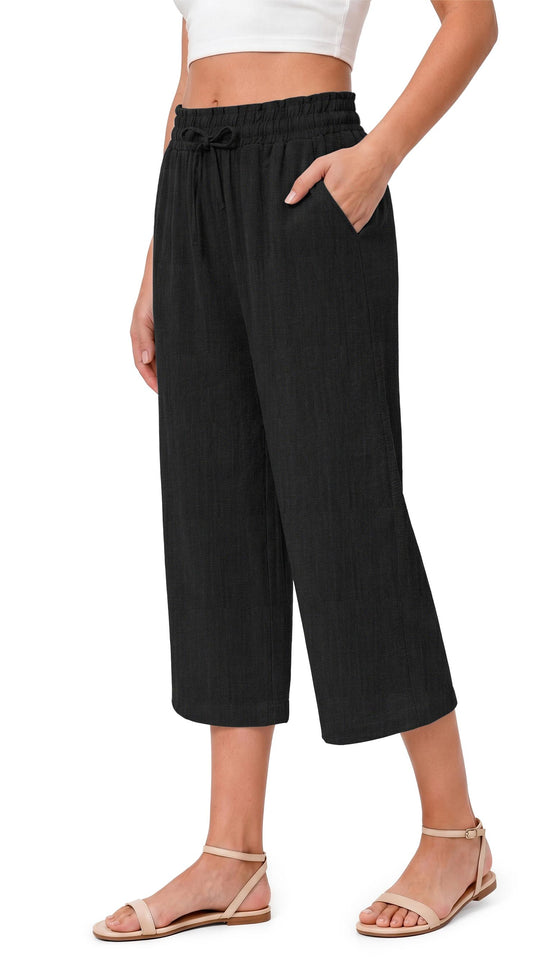 Fantaslook Women Capri Pants Wide Leg High Waisted Drawstring Capris Summer Casual Linen Cropped Pants with Pockets
