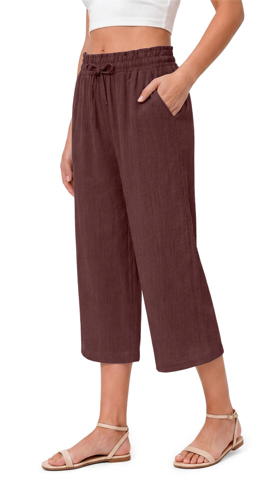 Fantaslook Women Capri Pants Wide Leg High Waisted Drawstring Capris Summer Casual Linen Cropped Pants with Pockets