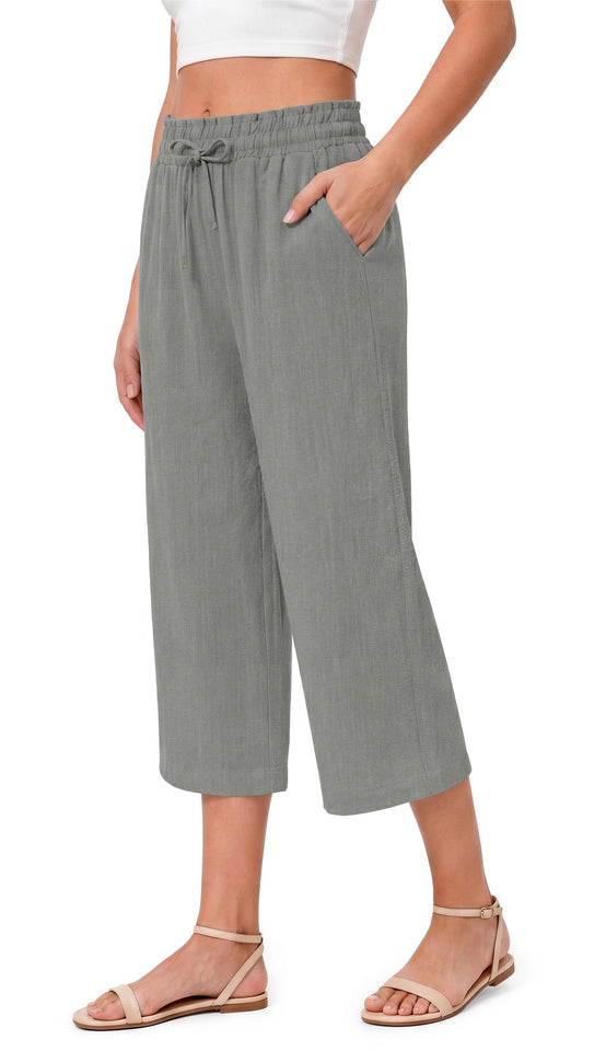 Fantaslook Women Capri Pants Wide Leg High Waisted Drawstring Capris Summer Casual Linen Cropped Pants with Pockets