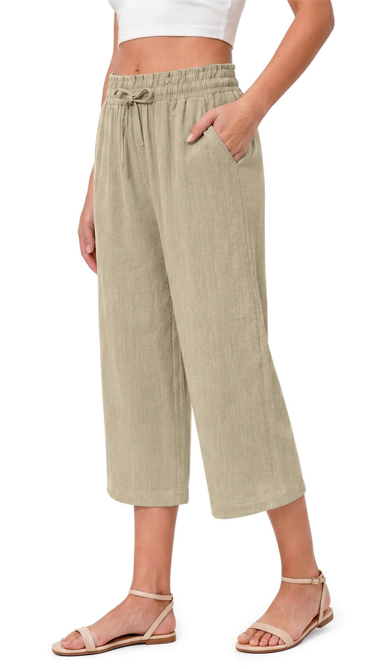Fantaslook Women Capri Pants Wide Leg High Waisted Drawstring Capris Summer Casual Linen Cropped Pants with Pockets