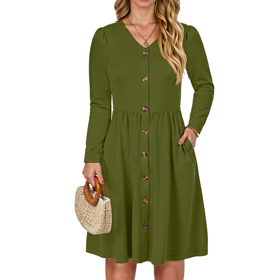 Fantaslook Long Sleeve Dresses for Women V Neck Casual Fall Dress Button Floral Midi Dresses with Pockets
