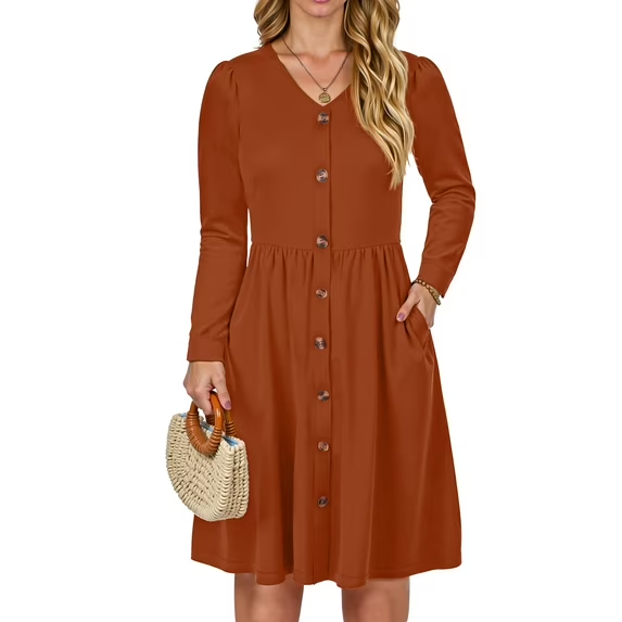 Fantaslook Long Sleeve Dresses for Women V Neck Casual Fall Dress Button Floral Midi Dresses with Pockets