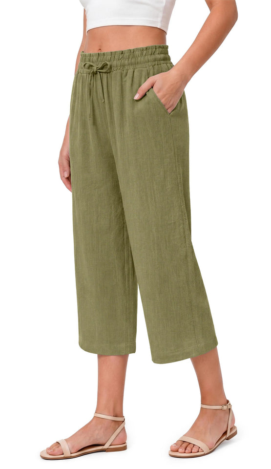 Fantaslook Women Capri Pants Wide Leg High Waisted Drawstring Capris Summer Casual Linen Cropped Pants with Pockets