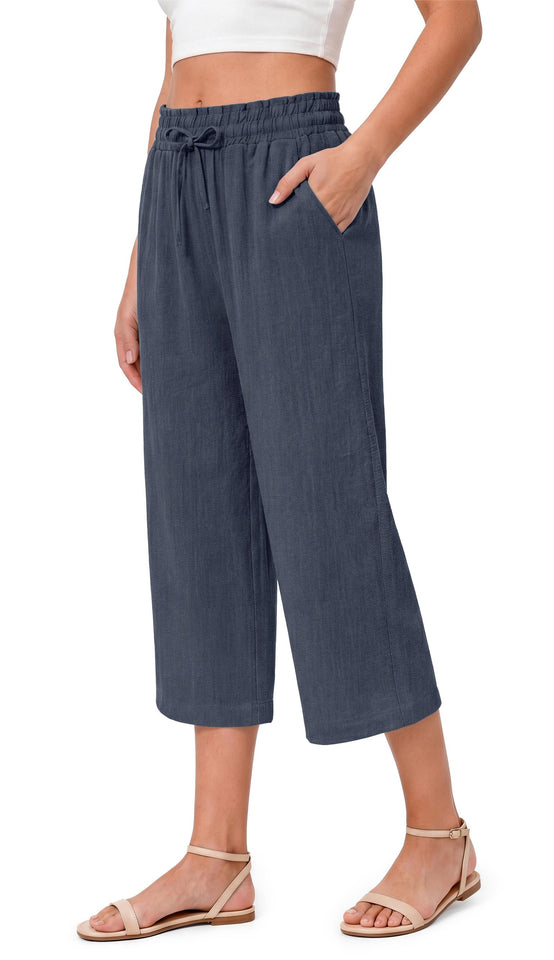 Fantaslook Women Capri Pants Wide Leg High Waisted Drawstring Capris Summer Casual Linen Cropped Pants with Pockets