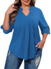WellSize Plus Size Blouse for Women Dressy Pleated Tunic Tops Roll Up 3/4 Sleeve Shirts