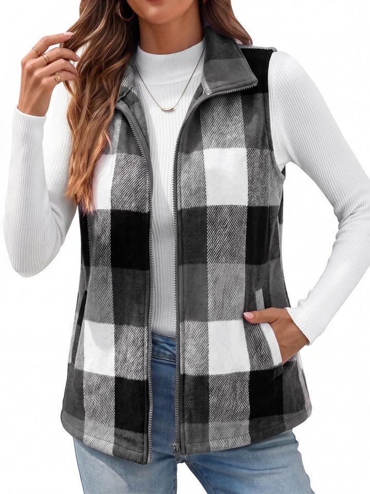 Fantaslook Women Plaid Outwear Vest Lightweight Sleeveless Jackets Zipper Fall Winter Coats with Pockets