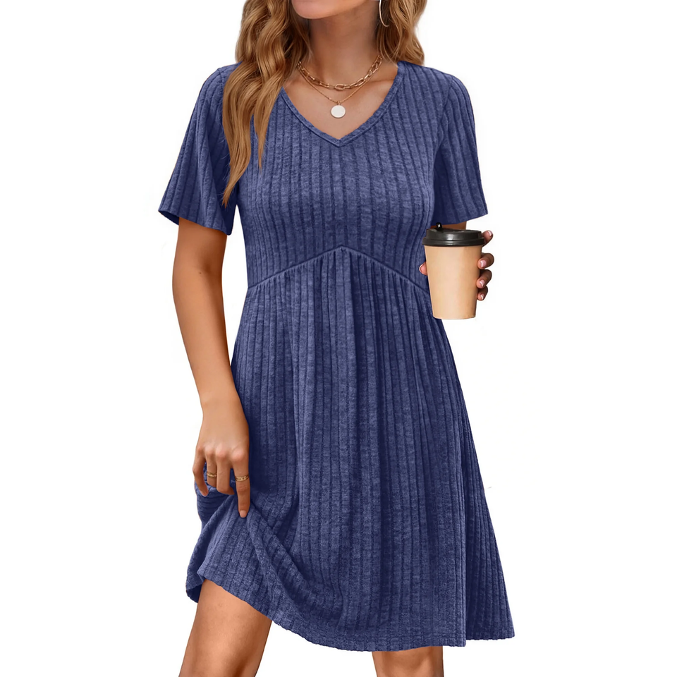 Fantaslook Short Sleeve Dresses for Women V Neck Summer Midi Dresses Empire Waist Tunic Casual Dress with Pockets