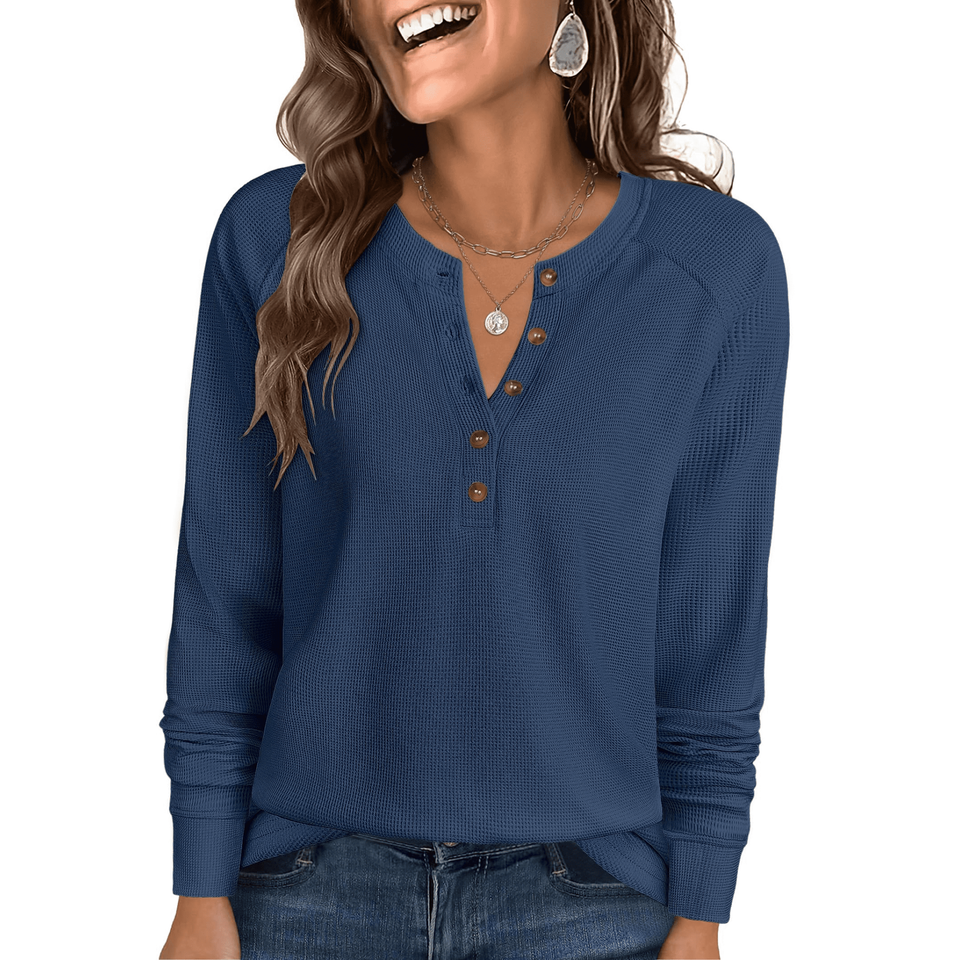 Fantaslook Waffle Long Sleeve Shirts for Women Button Up V Neck Henley Blouses Dressy Casual Fall Tops