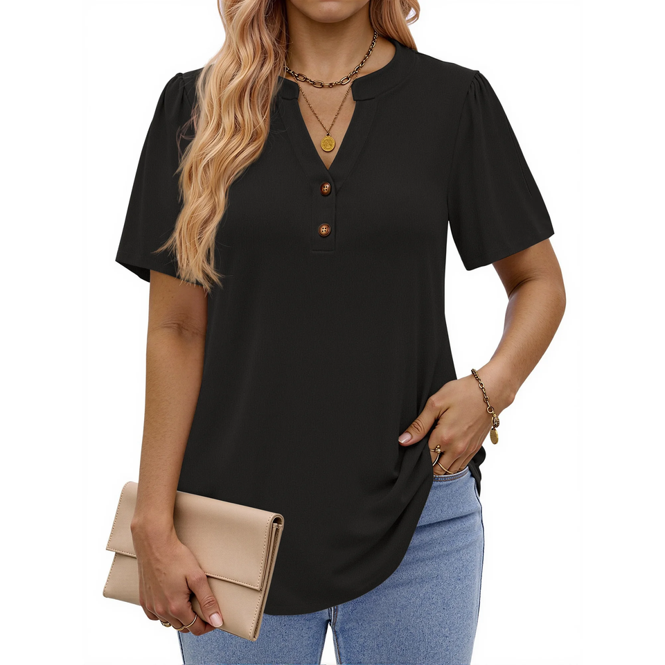 Fantaslook V Neck Henley Blouses for Women Dressy Casual Tops Summer Short Sleeve Shirts Fashion Clothes