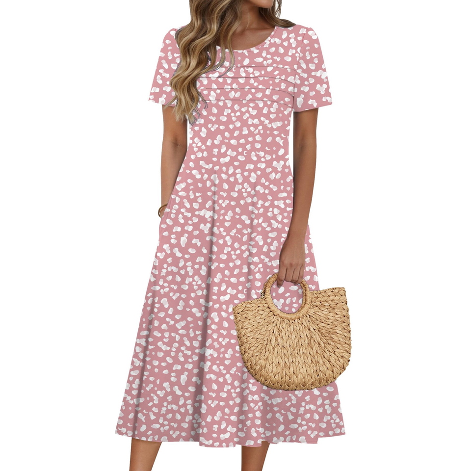 Fantaslook Pleated Summer Dresses for Women Short Sleeve A Line Midi Dress Flowy Floral Sundress Casual Dress with Pockets
