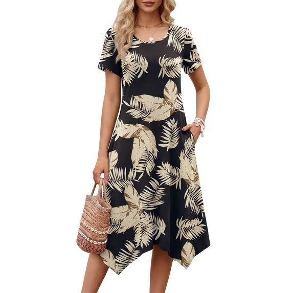 Fantaslook Plus Size Dresses for Women Floral Asymmetrical Hem Dress Summer Sundresses with Pockets