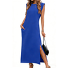 Fantaslook Womens Summer Maxi Dress Round Neck Sleeveless Sundress Loose Split Wrinkle-Free Long Dresses with Pockets