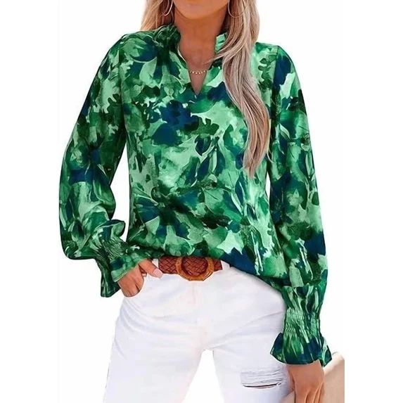 Fantaslook Floral V Neck Blouses for Women Loose Lined Flowy Shirts Trendy Smocked Cuff Long Sleeve Tops
