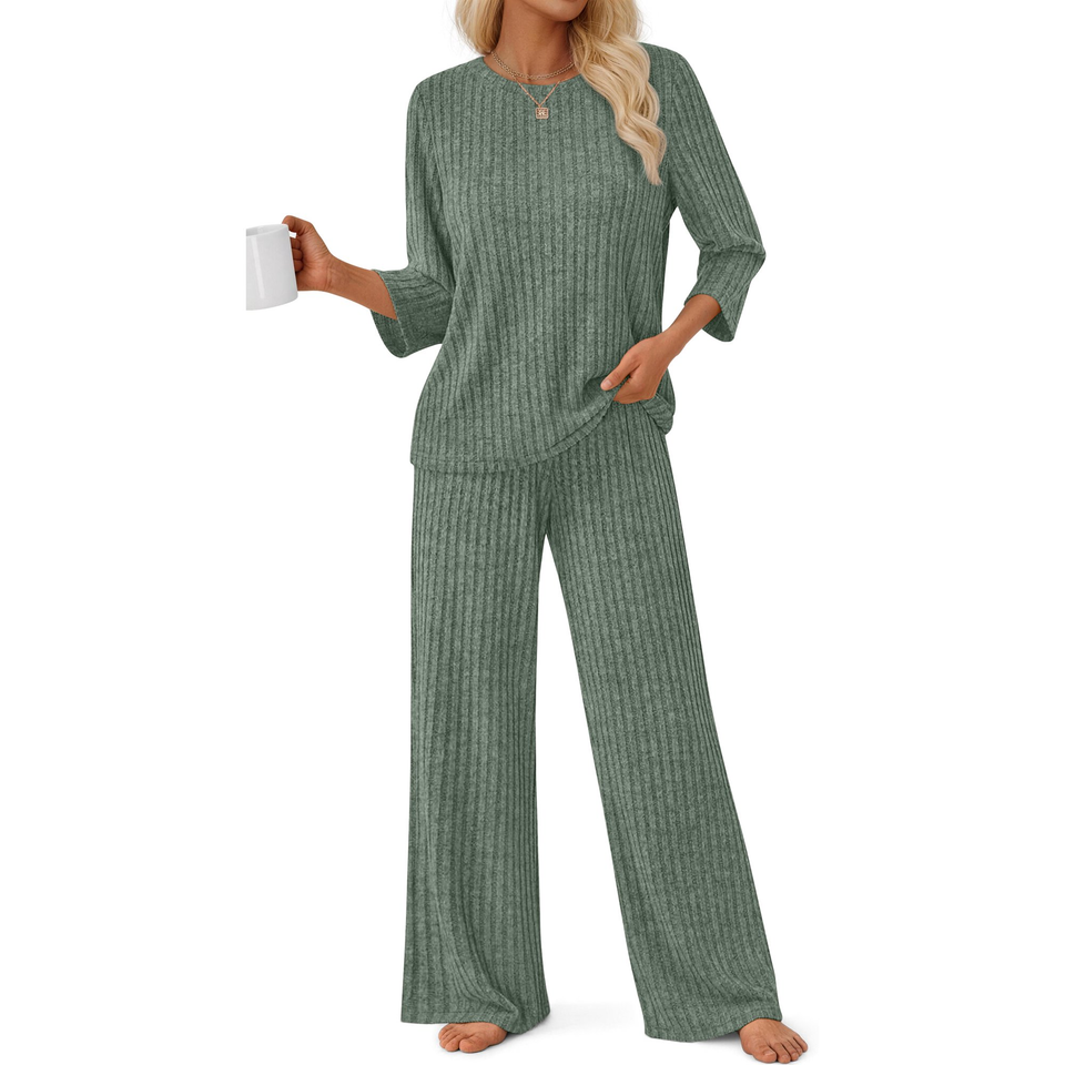 Fantaslook Pajamas Sets for Women Casual Two Piece Lounge Sets 3/4 Sleeve Crew Neck Top Wide Leg Pants Vacation Sweater Outfits