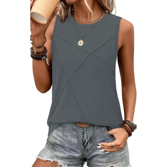 Fantaslook Summer Tank Tops for Women Pleated Crewneck Casual Sleeveless Tops Dressy Shirts