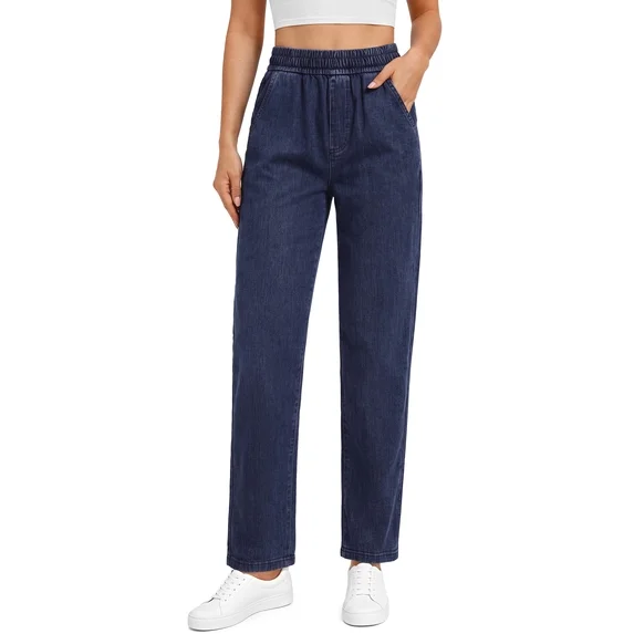 Fantaslook Pull On Jeans for Women Straight Leg Casual Pants Elastic Waist Denim Pants with Pockets