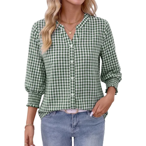 Fantaslook Plaid Button Down Shirts for Women V neck 3/4 Sleeve Shirt with Smocked Cuffs Dressy Cotton Blouses Tops