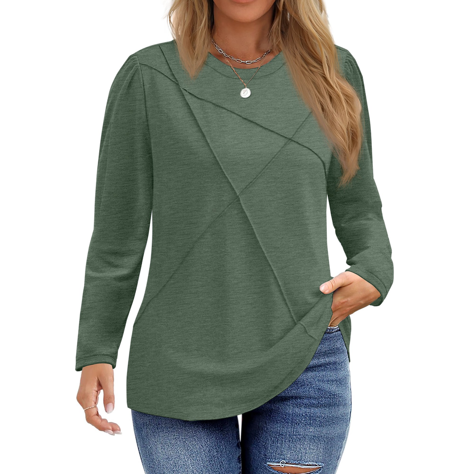 Fantaslook Women Plus Size Tops Pleated Crewneck Long Sleeve Shirts Dressy Casual Blouses Fall Tunic Tops