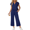Fantaslook Two Piece Lounge Sets for Women Vacation Travel Outfits Dressy Casual V Neck Short Sleeve Tops Wide Leg Pants Fashion Outfits
