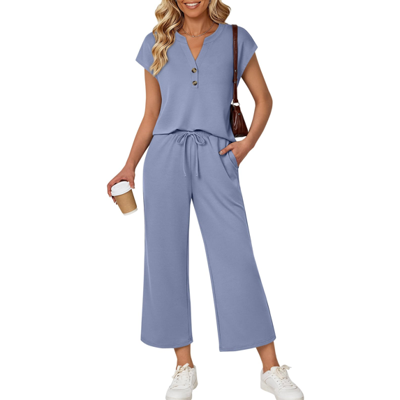 Fantaslook Two Piece Lounge Sets for Women Vacation Travel Outfits Dressy Casual V Neck Short Sleeve Tops Wide Leg Pants Fashion Outfits