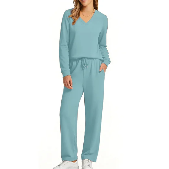 Fantaslook Two Piece Sets for Women Fall Outfits Long Sleeve Tops Wide Leg Pants Lounge Matching Sets Vacation Travel Outfits