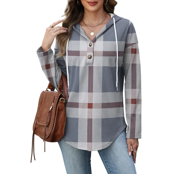 Fantaslook V Neck Button Sweatshirt for Women Pullover Long Sleeve Shirts Fall Fashion Tunic Tops