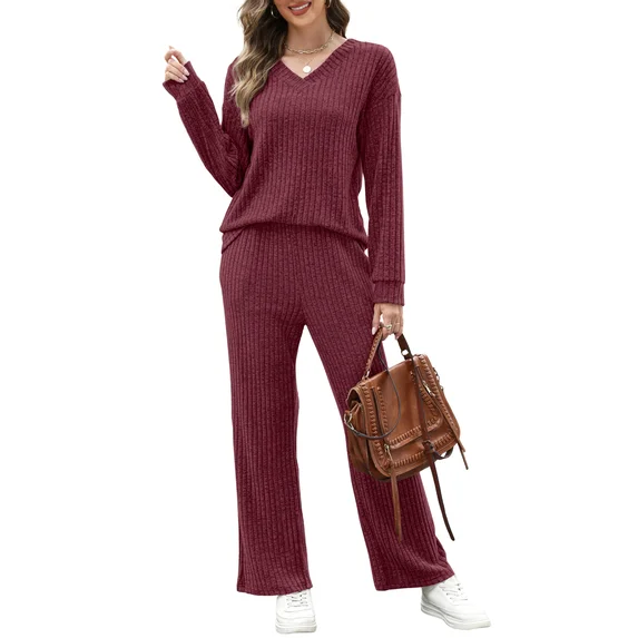 Fantaslook Two Piece Lounge Sets for Women Vacation Travel Fall Outfits V Neck Tops Wide Leg Pants Matching Sets Women Clothing