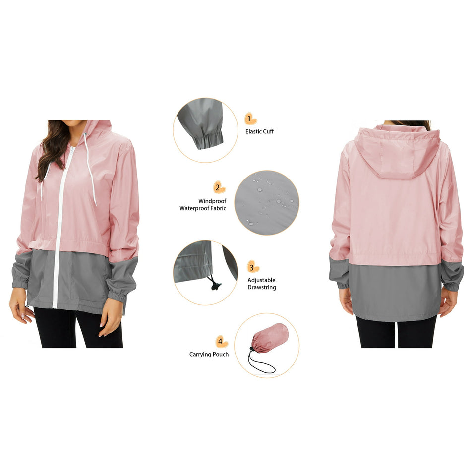 Rosvigor Womens Waterproof Raincoat Lightweight Color Block Jackets Windproof Hooded Jacket with Pockets
