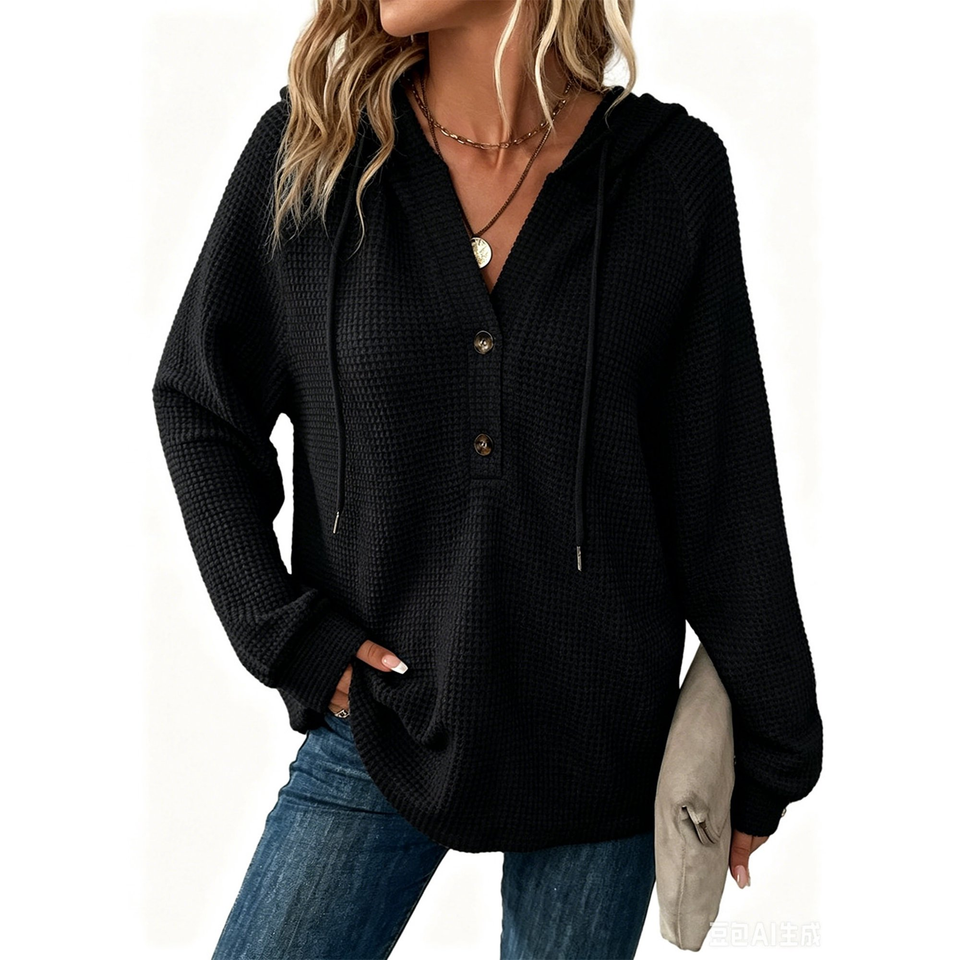 Fantaslook Hoodies for Women Waffle Knit Sweatshirts Drawstring Long Sleeve Tops Button V Neck Pullover