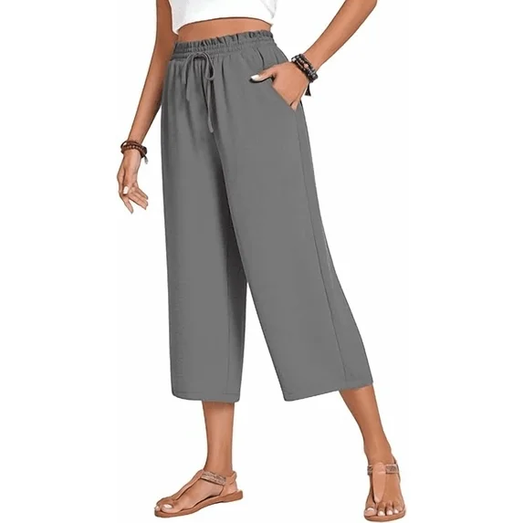 Fantaslook Women Capri Pants Wide Leg High Waisted Drawstring Capris Summer Casual Linen Cropped Pants with Pockets
