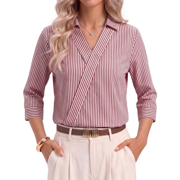 Fantaslook 3/4 Sleeve Womens Striped Tops V Neck Lapel Shirts Dressy Business Work Blouses Trendy Fashion Tops