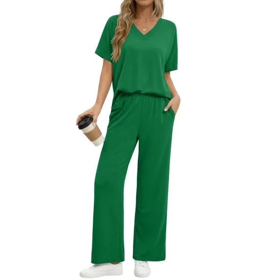 Fantaslook Lounge Sets for Women Casual 2 Piece Outfits Summer V Neck Short Sleeve Tops and Wide Leg Pants Pajamas Sets