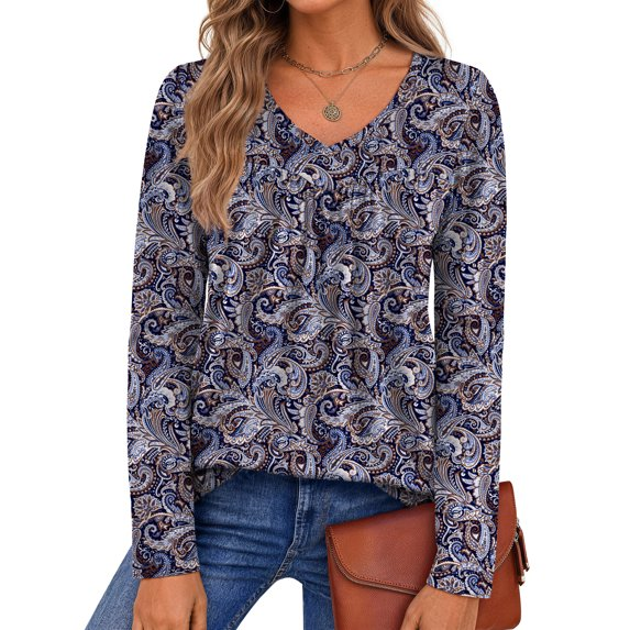Fantaslook Womens Tops Dressy Casual Pleated Blouses V Neck Long Sleeve Shirts Fall Tunic Tops