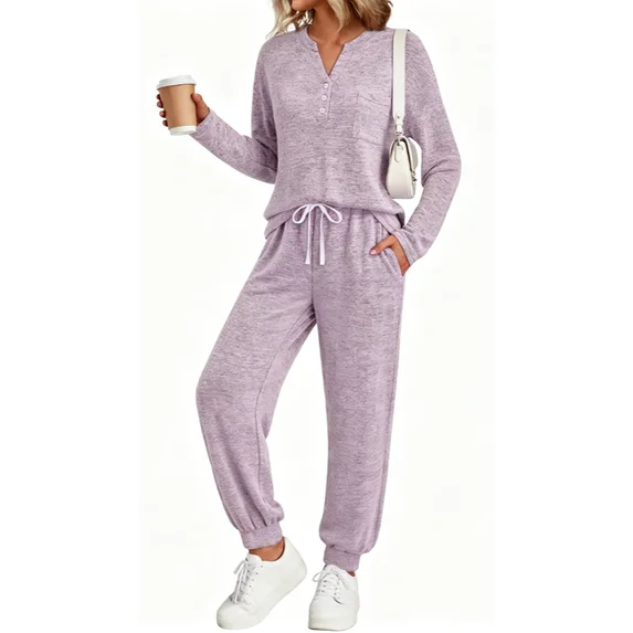 Fantaslook Womens Pajamas Sets Long Sleeve Matching Lounge Set Fall Travel Outfits Jogger Sweatsuits with Pocket Button Down Sleepwear