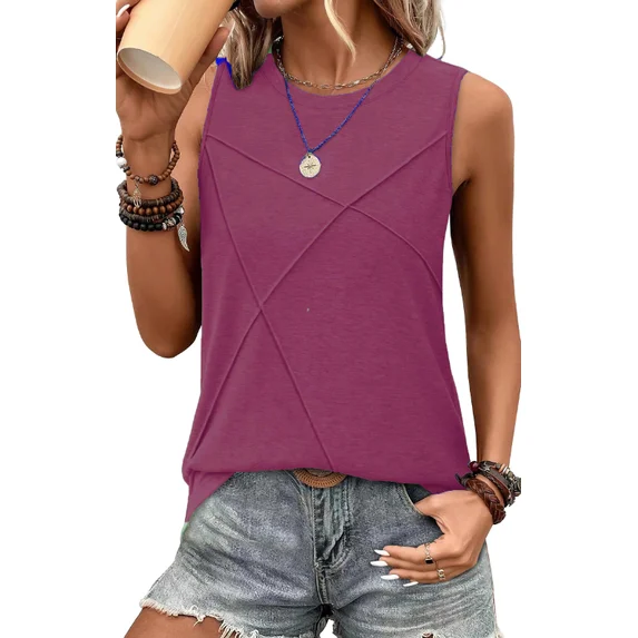 Fantaslook Summer Tank Tops for Women Pleated Crewneck Casual Sleeveless Tops Dressy Shirts